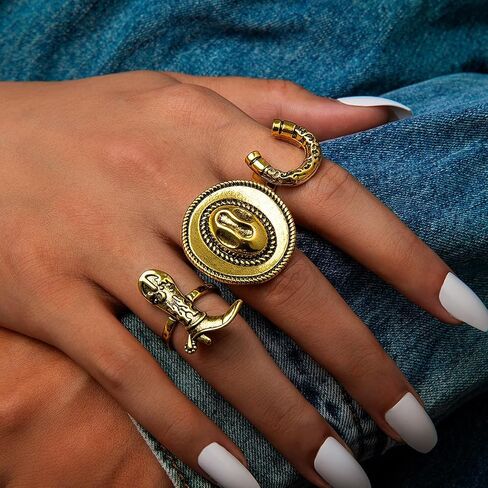 Vintage Rings For Women, 3Pcs Silver Western Boho Stackable Horseshoe Cowboy Hat Boots Ring Size 8 (18mm Diameter) Statement Dainty Fashion Waterproof Non Tarnish Holiday Jewelry Gift in Saudi Arabia