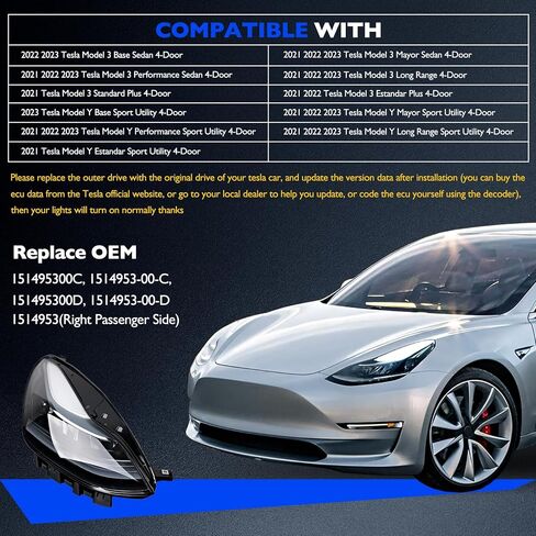 Full LED Headlights, Compatible with 2021-2023 Tesla 3 Tesla Y Base Mayor Performance Long Range Standard Estandar, Replace 1514952 151495200C 151495200D Left Driver Side Front Head Lights Assembly in Saudi Arabia