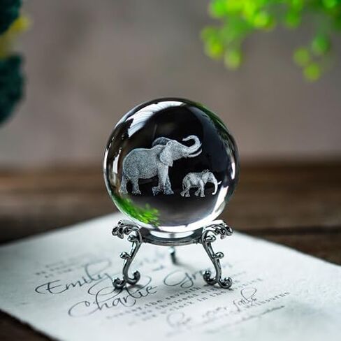 60mm 3D Laser Engraved Mother and Son Elephants Crystal Ball Glass Elephant Sphere with Stand Gift for Women in Saudi Arabia