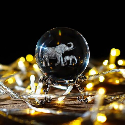 60mm 3D Laser Engraved Mother and Son Elephants Crystal Ball Glass Elephant Sphere with Stand Gift for Women in Saudi Arabia