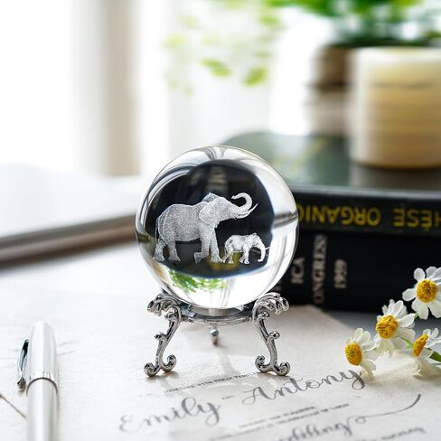 60mm 3D Laser Engraved Mother and Son Elephants Crystal Ball Glass Elephant Sphere with Stand Gift for Women in Saudi Arabia