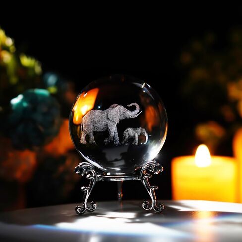 60mm 3D Laser Engraved Mother and Son Elephants Crystal Ball Glass Elephant Sphere with Stand Gift for Women in Saudi Arabia