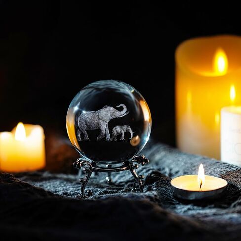60mm 3D Laser Engraved Mother and Son Elephants Crystal Ball Glass Elephant Sphere with Stand Gift for Women in Saudi Arabia