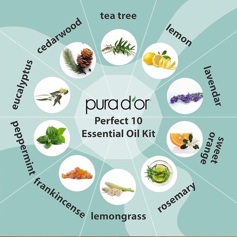 PURA D'OR Organic Perfect10 Essential Oils Set - 10x 10mL Wood Box Aromatherapy Gift Set - 100% Pure Therapeutic Grade for Relaxation and Wellness (Lavender, Peppermint, Eucalyptus, Tea Tree & More) in Kuwait