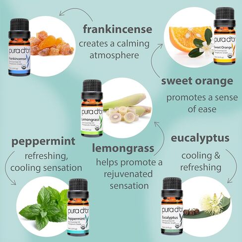 PURA D'OR Organic Perfect10 Essential Oils Set - 10x 10mL Wood Box Aromatherapy Gift Set - 100% Pure Therapeutic Grade for Relaxation and Wellness (Lavender, Peppermint, Eucalyptus, Tea Tree & More) in Kuwait