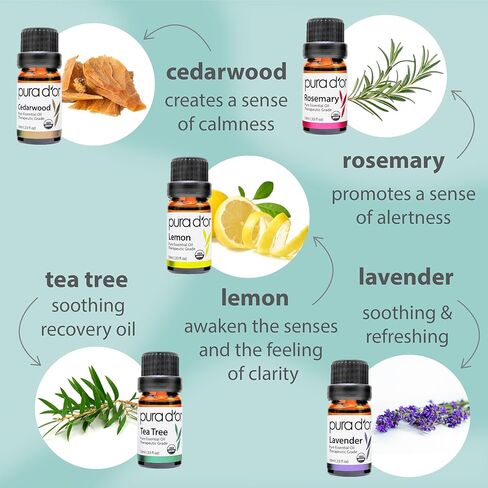 PURA D'OR Organic Perfect10 Essential Oils Set - 10x 10mL Wood Box Aromatherapy Gift Set - 100% Pure Therapeutic Grade for Relaxation and Wellness (Lavender, Peppermint, Eucalyptus, Tea Tree & More) in Kuwait