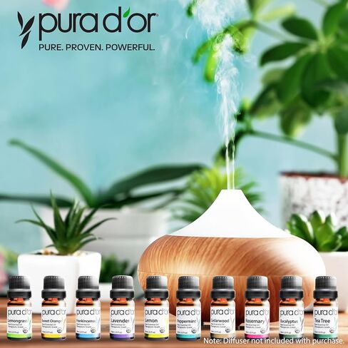 PURA D'OR Organic Perfect10 Essential Oils Set - 10x 10mL Wood Box Aromatherapy Gift Set - 100% Pure Therapeutic Grade for Relaxation and Wellness (Lavender, Peppermint, Eucalyptus, Tea Tree & More) in Kuwait