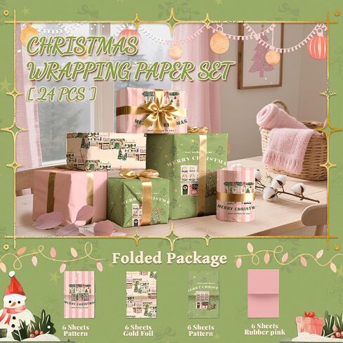 NICROHOME EUR 24 Sheets Christmas Tissue Paper, Sage Green Pink Tissue Wrapping Paper with Christmas Tree House Snowman Socks Pattern, Small Gifts Wrapping Paper for Xmas Crafts Gifts (15 X 20 Inch) in Kuwait