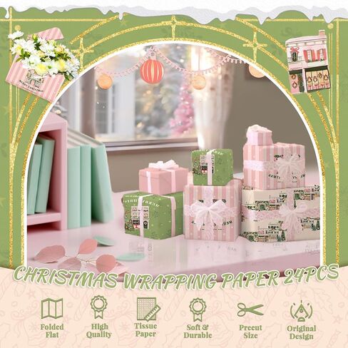 NICROHOME EUR 24 Sheets Christmas Tissue Paper, Sage Green Pink Tissue Wrapping Paper with Christmas Tree House Snowman Socks Pattern, Small Gifts Wrapping Paper for Xmas Crafts Gifts (15 X 20 Inch) in Kuwait
