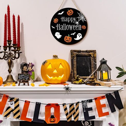 Pigort Halloween Decor Front Door Halloween Outdoor Decorations Pumpkin Boo Halloween Door Sign Wall Sign Plaque for Party halloween Wreath 12x12inch (Boo) in Saudi Arabia