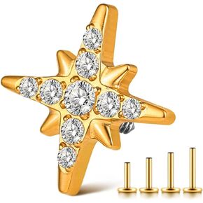 1PC ASTM F136 Titanium Threaded(0.9mm internal) Super Stars CZ Tops Piercing studs for Conch,Tragus,Helix,Lobe Come With 4PCS Different Lengths Post 16G 18G 20G Flatback earring nose Jewelry Gold Silver in Kuwait