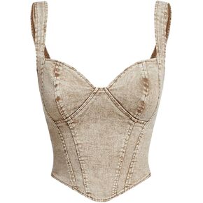 OYOANGLE Women's Denim Sleeveless Crop Tops V Neck Asymmetrical Hem Fitted Jean Corset Bustier Streetwear in Saudi Arabia