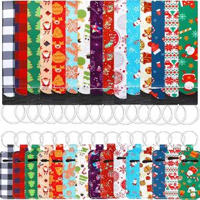 Hicarer 30 Pieces Christmas Lipstick Holder Keychain with Wristlet Keychain Lanyard Set Xmas Neoprene Lipstick Holder Keychains Protective Cases Portable Lip Balm Sleeve Pouch for Women Travel in Kuwait