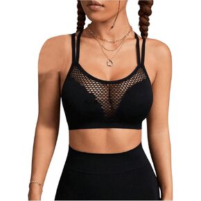 OYOANGLE Women's Fishnet Wireless Sports Bra Criss Cross Back Knitted Crop Tops Push Up Workout Bralettes in Saudi Arabia