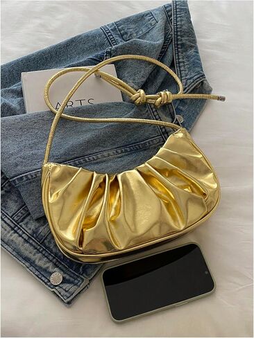 GORGLITTER Women's Metallic Gold Clutch Purses Ruched Top Handle Mini Shoulder Handbags in Saudi Arabia