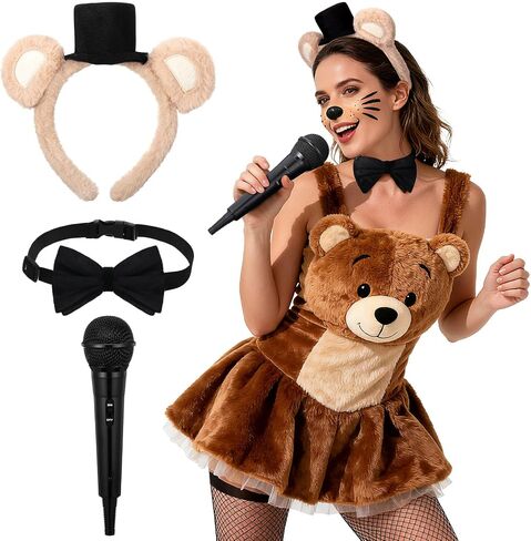 Mepase 3 Pcs Brown Bear Cosplay Set Include Black Adjustable Velvet Bowtie Mini Microphone Prop and Hat Bear Ears Headband for Halloween Costume Headwear Photo Booth Prop Dress up Accessory in Saudi Arabia