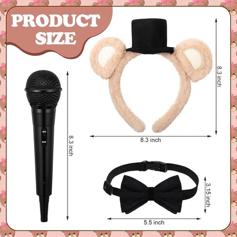 Mepase 3 Pcs Brown Bear Cosplay Set Include Black Adjustable Velvet Bowtie Mini Microphone Prop and Hat Bear Ears Headband for Halloween Costume Headwear Photo Booth Prop Dress up Accessory in Saudi Arabia