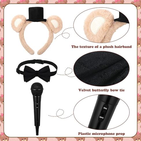 Mepase 3 Pcs Brown Bear Cosplay Set Include Black Adjustable Velvet Bowtie Mini Microphone Prop and Hat Bear Ears Headband for Halloween Costume Headwear Photo Booth Prop Dress up Accessory in Saudi Arabia