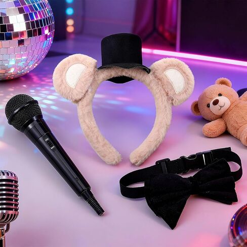 Mepase 3 Pcs Brown Bear Cosplay Set Include Black Adjustable Velvet Bowtie Mini Microphone Prop and Hat Bear Ears Headband for Halloween Costume Headwear Photo Booth Prop Dress up Accessory in Saudi Arabia