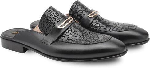 Black Croc Embossed Medallion Mule – Handmade Leather Backless Slip-On Loafers for Men, Luxury Artisan Formal Dress Mules with Stacked Leather Heel & Comfort Insole in Saudi Arabia