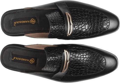 Black Croc Embossed Medallion Mule – Handmade Leather Backless Slip-On Loafers for Men, Luxury Artisan Formal Dress Mules with Stacked Leather Heel & Comfort Insole in Saudi Arabia