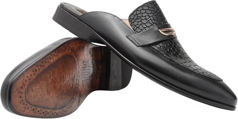 Black Croc Embossed Medallion Mule – Handmade Leather Backless Slip-On Loafers for Men, Luxury Artisan Formal Dress Mules with Stacked Leather Heel & Comfort Insole in Saudi Arabia