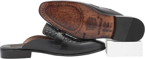 Black Croc Embossed Medallion Mule – Handmade Leather Backless Slip-On Loafers for Men, Luxury Artisan Formal Dress Mules with Stacked Leather Heel & Comfort Insole in Saudi Arabia