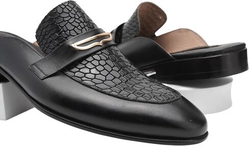 Black Croc Embossed Medallion Mule – Handmade Leather Backless Slip-On Loafers for Men, Luxury Artisan Formal Dress Mules with Stacked Leather Heel & Comfort Insole in Saudi Arabia