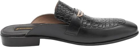 Black Croc Embossed Medallion Mule – Handmade Leather Backless Slip-On Loafers for Men, Luxury Artisan Formal Dress Mules with Stacked Leather Heel & Comfort Insole in Saudi Arabia