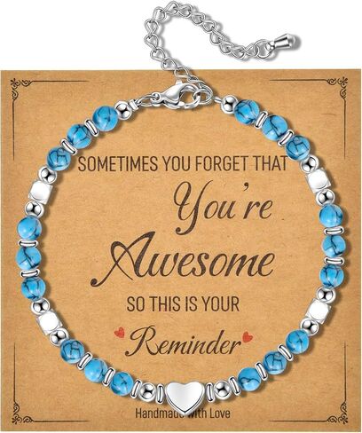 CANDYFANCY Dainty Beaded Bracelets For Women Natural Stone Heart Cross Charm Stainless Steel Bracelet Remember You Are Awesome-Inspirational Jewelry With Card Birthday Frienship Christmas Gift in Saudi Arabia
