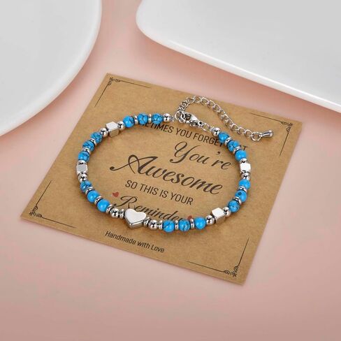 CANDYFANCY Dainty Beaded Bracelets For Women Natural Stone Heart Cross Charm Stainless Steel Bracelet Remember You Are Awesome-Inspirational Jewelry With Card Birthday Frienship Christmas Gift in Saudi Arabia