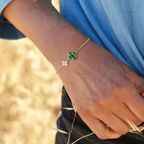 MYEARS Flower Bracelet for Women Gold Sideways Double Four-leaf-clover Link Charm 12 Month Birthstone Cubic Zirconia 14K Simple Dainty Thick Chain Floral Lucky Jewelry Gift in Saudi Arabia