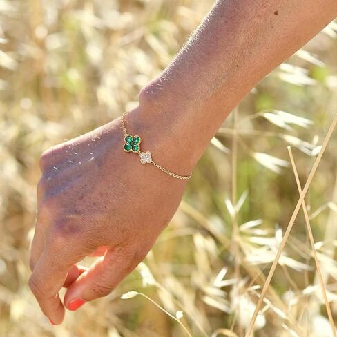 MYEARS Flower Bracelet for Women Gold Sideways Double Four-leaf-clover Link Charm 12 Month Birthstone Cubic Zirconia 14K Simple Dainty Thick Chain Floral Lucky Jewelry Gift in Saudi Arabia