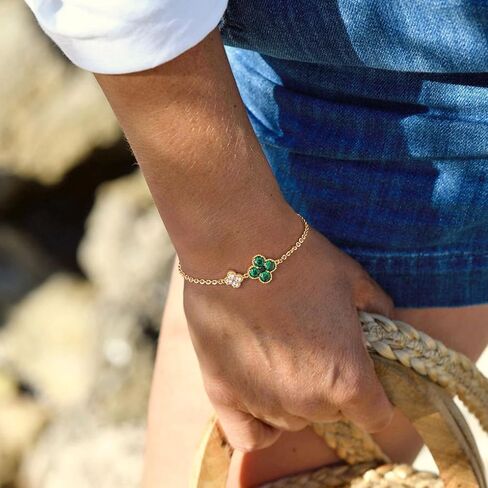 MYEARS Flower Bracelet for Women Gold Sideways Double Four-leaf-clover Link Charm 12 Month Birthstone Cubic Zirconia 14K Simple Dainty Thick Chain Floral Lucky Jewelry Gift in Saudi Arabia