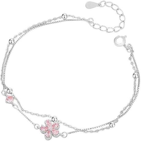Dainty Flower S925 Sterling Silver Bracelet for Women Pink Cubic Zirconia Crystal Wedding Bracelet Lucky Flowers Statement Thin Link Chain Layered Adjustable Outfit Accessories Jewelry in Saudi Arabia