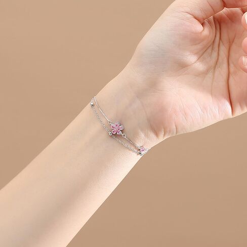 Dainty Flower S925 Sterling Silver Bracelet for Women Pink Cubic Zirconia Crystal Wedding Bracelet Lucky Flowers Statement Thin Link Chain Layered Adjustable Outfit Accessories Jewelry in Saudi Arabia