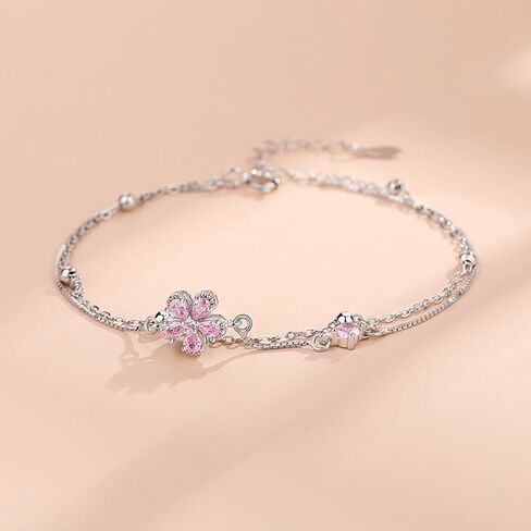 Dainty Flower S925 Sterling Silver Bracelet for Women Pink Cubic Zirconia Crystal Wedding Bracelet Lucky Flowers Statement Thin Link Chain Layered Adjustable Outfit Accessories Jewelry in Saudi Arabia