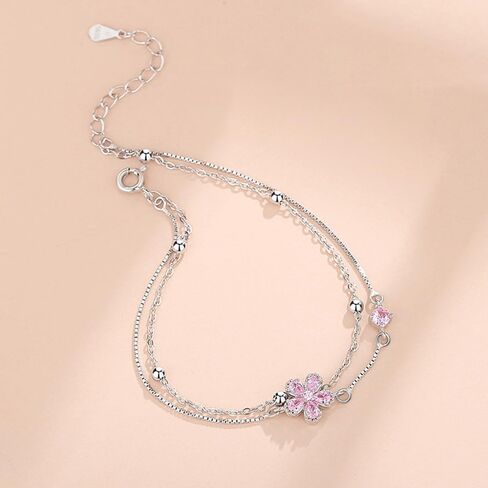 Dainty Flower S925 Sterling Silver Bracelet for Women Pink Cubic Zirconia Crystal Wedding Bracelet Lucky Flowers Statement Thin Link Chain Layered Adjustable Outfit Accessories Jewelry in Saudi Arabia