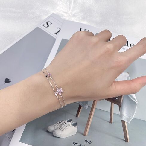 Dainty Flower S925 Sterling Silver Bracelet for Women Pink Cubic Zirconia Crystal Wedding Bracelet Lucky Flowers Statement Thin Link Chain Layered Adjustable Outfit Accessories Jewelry in Saudi Arabia