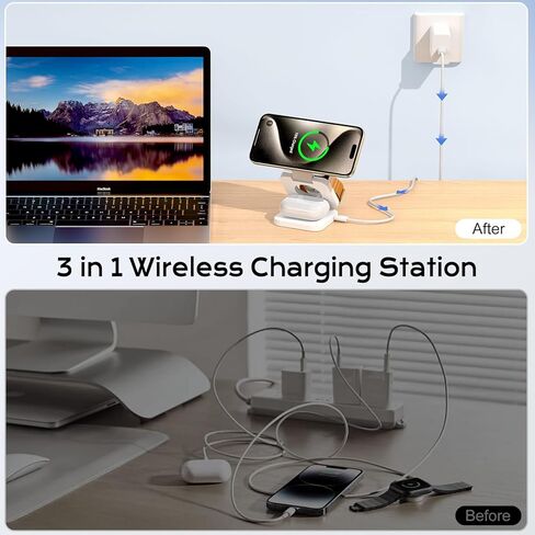 شاحن لاسلكي سريع من سلسلة X55 Nature، محطة شحن مغناطيسية قابلة للطي 3 في 1 لهواتف iPhone 15/14/13/12/Pro/Plus/Pro Max، شاحن محمول 5 وات لساعة Apple Watch9/8/7/6/5/4/3/ 2/SE، لسماعات Airpods in Kuwait