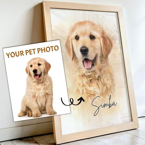 Custom Pet Portrait Wall Art - Create Your Own Watercolor Painting from Your Photo - Personalized Dog, Cat Wall Decor - Keepsake for Pet Enthusiasts, Upload Image of Your Favorite Cat or Dog, USA-Made in Saudi Arabia