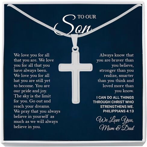 To My Son Necklace From Mom Dad - Mother Son Birthday Graduation Christmas Cross Link Chain Present With Message Card & Box #4 in Saudi Arabia