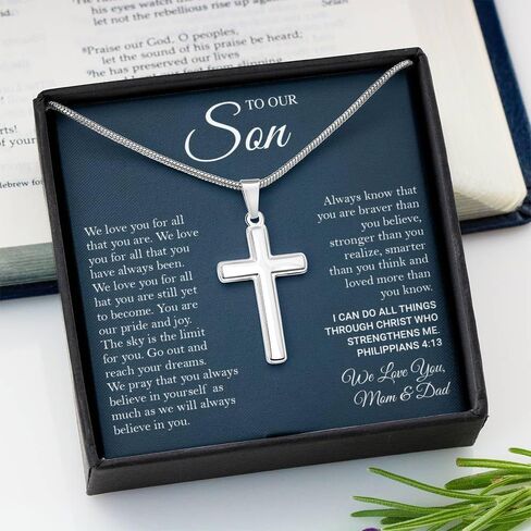 To My Son Necklace From Mom Dad - Mother Son Birthday Graduation Christmas Cross Link Chain Present With Message Card & Box #4 in Saudi Arabia