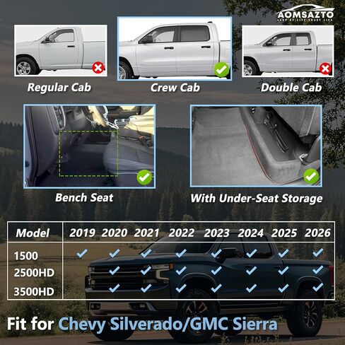 سجادات أرضية AOMSAZTO لسيارة 2019-2025 Chevy Silverado/GMC Sierra 1500، 2020-2025 2500HD / 3500HD - بطانة الصف الأول والثاني لسيارة شيفروليه سيلفرادو (تتناسب مع مساحة تخزين خلفية أسفل المقعد ومقعد الصف الأول) in Kuwait