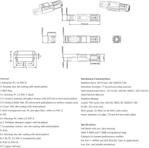 10-Pack RJ45 Connectors Tool Free Cat 8, Cat8 Field Termination Plug Shielded RJ45 Modular Plugs for 2000MHz 2GHz 40G Double Shielded Solid LAN Cable 22AWG-24AWG in Saudi Arabia
