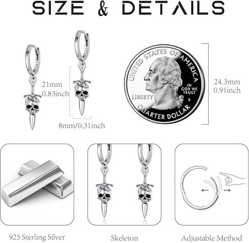 925 Sterling Silver skull hoop earrings punk rock earrings for women Halloween earrings Jewelry Gifts for Women Man in Kuwait