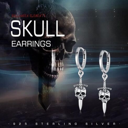 925 Sterling Silver skull hoop earrings punk rock earrings for women Halloween earrings Jewelry Gifts for Women Man in Kuwait