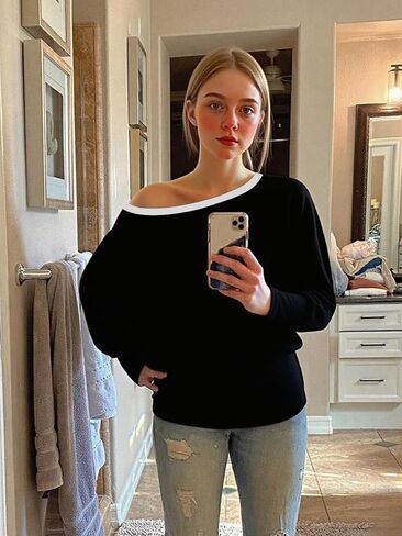 Dressmine المرأة قبالة الكتف الباردة قمم طويلة الأكمام غير المتكافئة قمم مثير بلوزة قمصان غير رسمية فضفاضة قارب الرقبة الستر in Kuwait