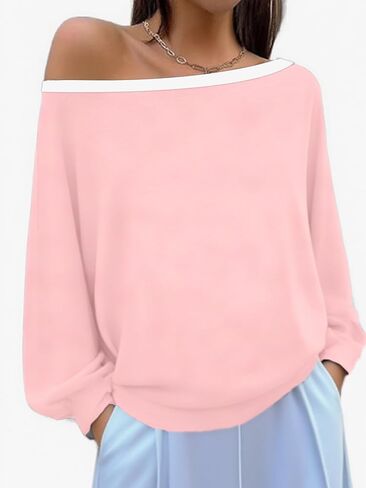 Dressmine المرأة قبالة الكتف الباردة قمم طويلة الأكمام غير المتكافئة قمم مثير بلوزة قمصان غير رسمية فضفاضة قارب الرقبة الستر in Kuwait