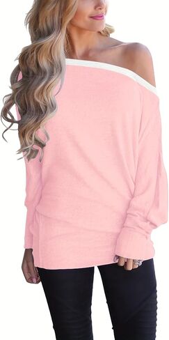 Dressmine المرأة قبالة الكتف الباردة قمم طويلة الأكمام غير المتكافئة قمم مثير بلوزة قمصان غير رسمية فضفاضة قارب الرقبة الستر in Kuwait